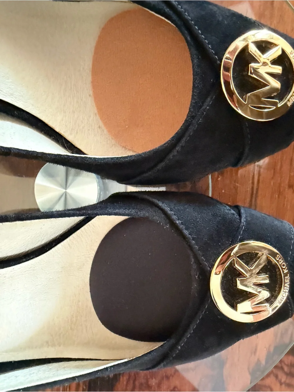 Michael Kors Caroline Black Suede Gold MK Logo Medallion Pointed Toe Pumps 9.5